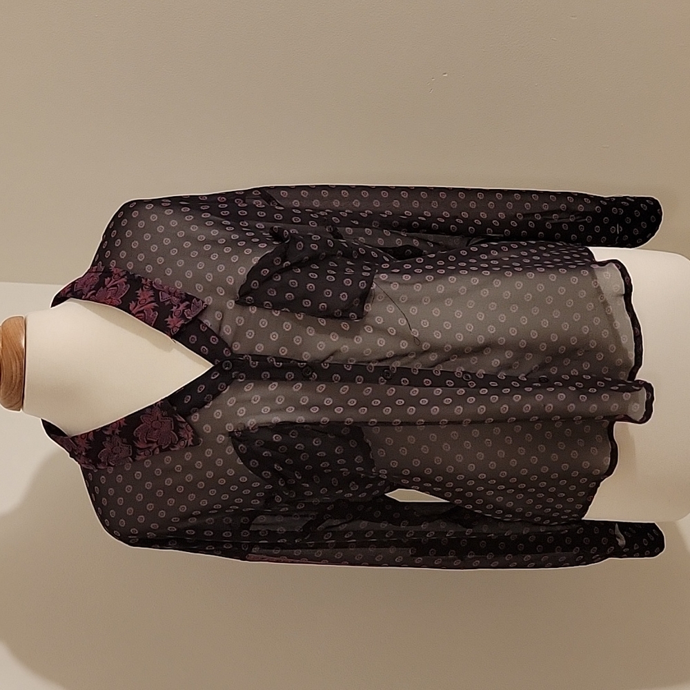 EUC Free People Sheer Black w/ Pink & Blue Print LS Relaxed Collared Shirt SZ:M